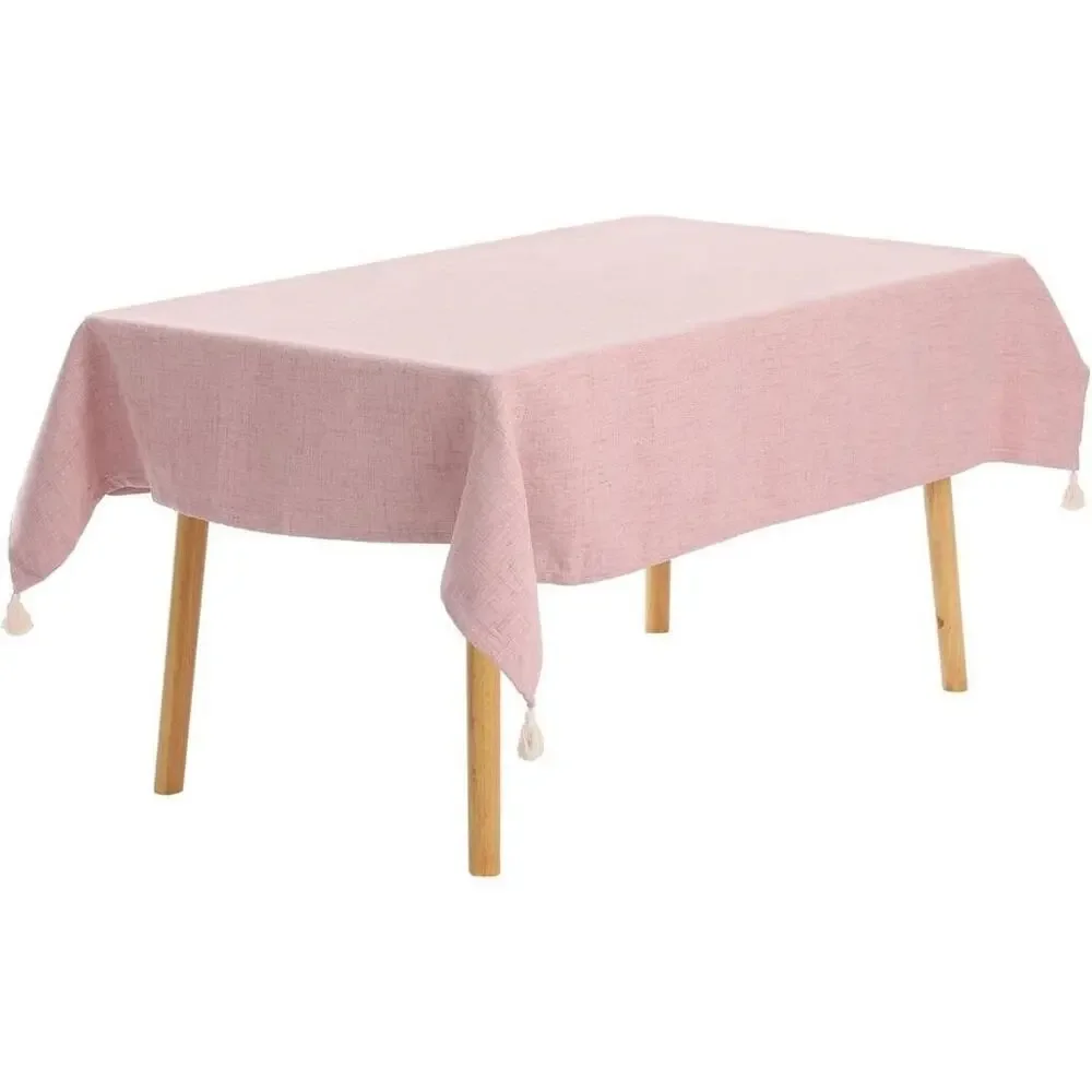 NEW Farmhouse Cottage Rectangle Pink Cotton Linen Table Cloth Tassels 71